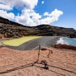 Green lagoon and black volcanic cliffs on the Lanzarote coast